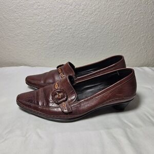 Pikolinos Brown Leather Buckle Woven Strap Kitten Heel Loafers Size 40